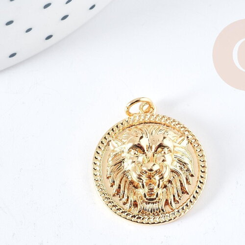 Pendentif rond tête de lion laiton doré 18k 22mm, fabrication bijoux fantaisie, x1 g8872