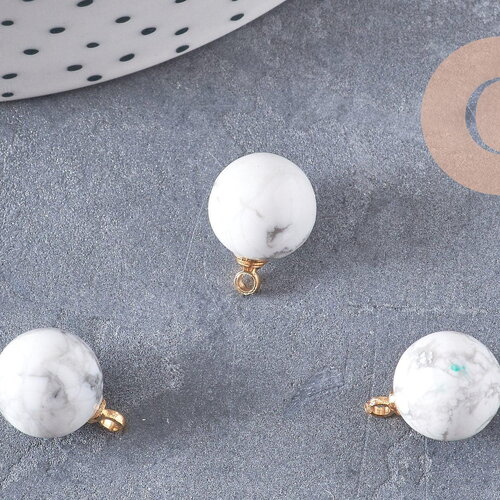 Pendentif goutte rond howlite naturelle, support doré, pendentif pierre naturelle, 14mm, x1 (g4703)