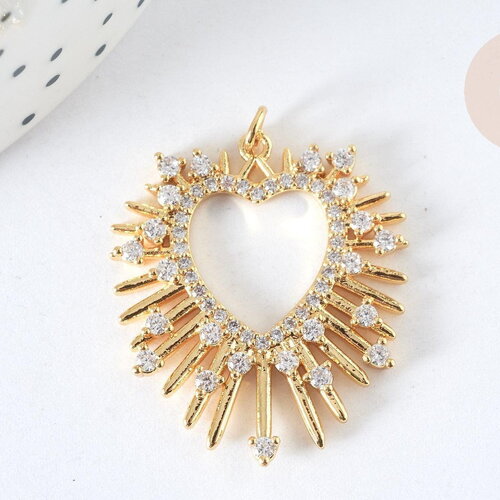 Pendentif cœur laiton doré et cristal zircon anneau jonction 32mm, x1 (g7382)