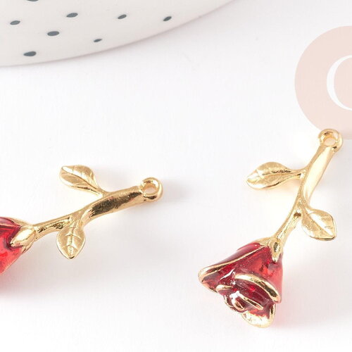 Pendentif fleur rose émail rouge laiton doré 27mm, x1 (g3245)