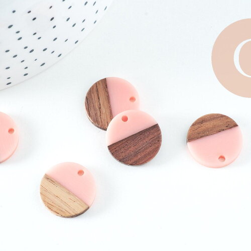 Pendentif disque bois résine rose 18mm, x5 (g1011)