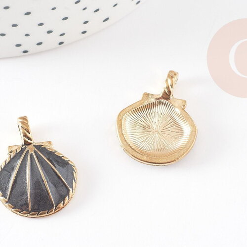Pendentif coquillage zamac doré noir 24.5mm, pendentif coquillage pour création bijoux x2 g2737
