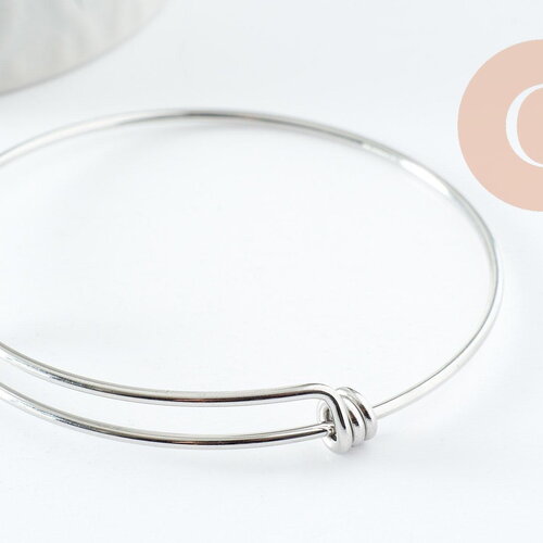 Bracelet jonc réglable lisse rond 1.6mm acier 316 inoxydable platine 60-68mm, x1 (g9417)