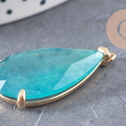 Pendentif goutte agate naturelle bleue support doré 32mm, x1 (g2435)