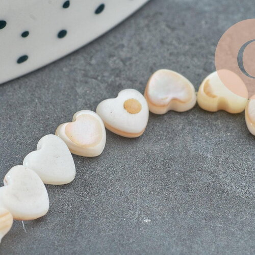 Perle coeur nacre blanche naturelle 6mm ,perle coeur nacre,coquillage blanc, fil de 39cm, x1 (g5862)
