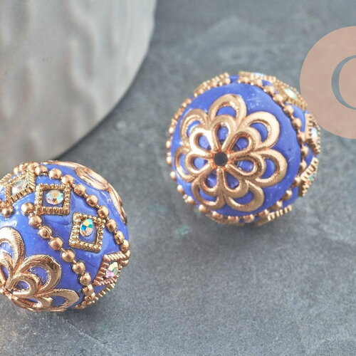Perle indonésienne polymère bleu roi strass et zamac doré 19.5mm, x1 (g6254)