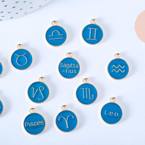 Pendentif rond constellation zamac doré émail bleu marine 15mm, x1 (g6666)