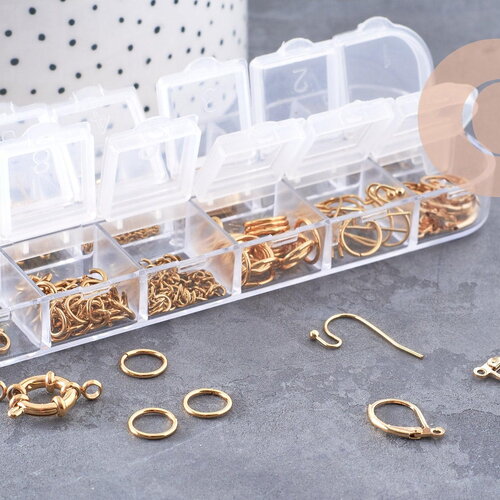 Boite kit mix de 12 types de fournitures pour bijoux en acier inoxdable doré ou platine, x1 (g10142/g10143)