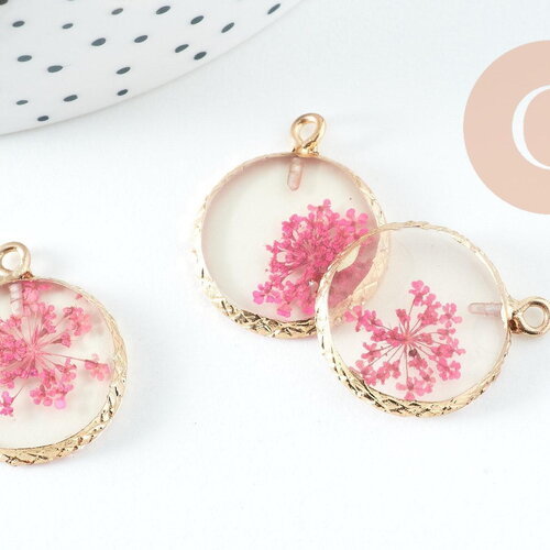 Pendentif rond résine fleurs séchées violettes 24mm, pendentif fleur de rose et or, création de bijoux originaux, x1 g5740