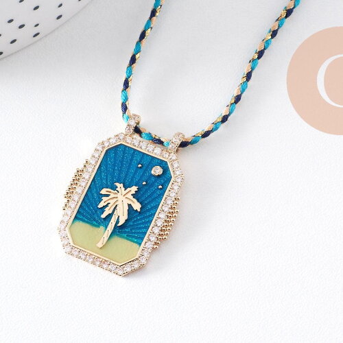 Collier médaille émaillée palmier bleu turquoise zircons cordon tressé zamac doré 45cm x1 (g10364-5)