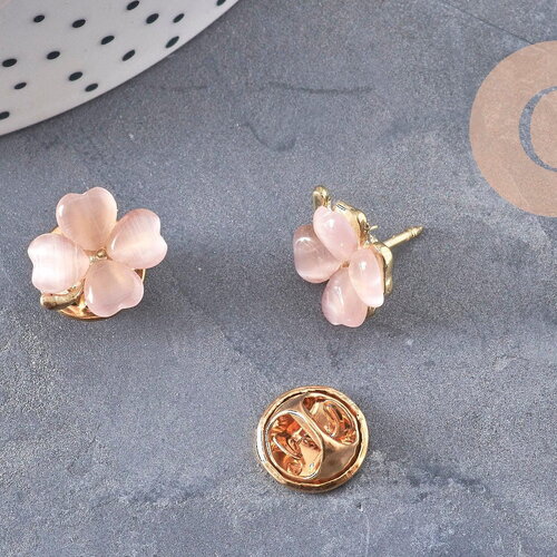 Broche trèfle à 4 feuilles zamac doré verre rose 13.5mm, x1 (g10991)