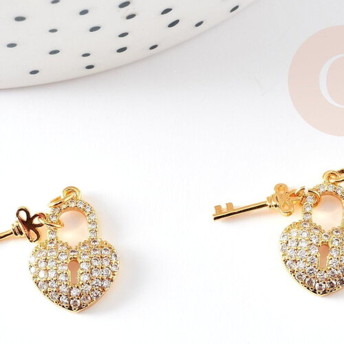 Breloque cadenas coeur laiton doré 18k cristal 17mm, x1 (g2729)
