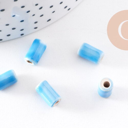 Perle tube porcelaine bleu 10mm, x5 (g2348)