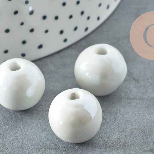 Perle ronde porcelaine émaillé gris clair 16mm,perle céramique, céramique blanche, x10 (g9447)
