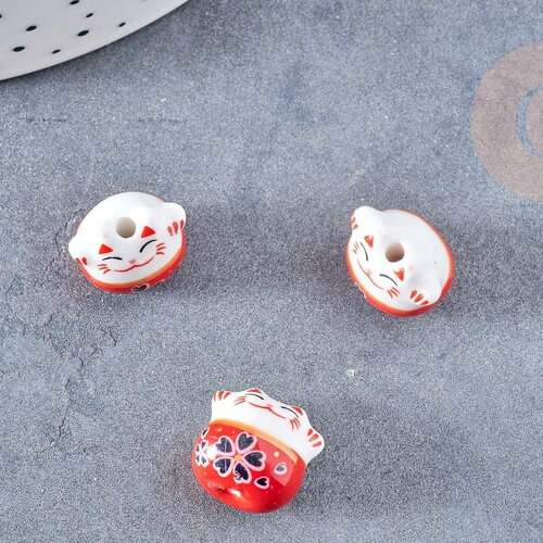 Perle chat chanceux porcelaine rouge 14mm, x5 (g8681)