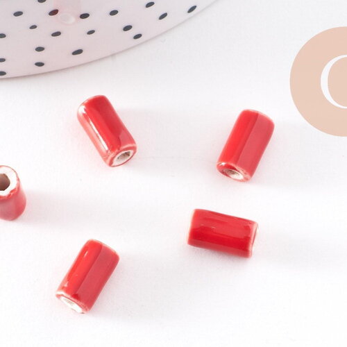 Perle tube porcelaine rouge vif 10mm, x5 (g2352)