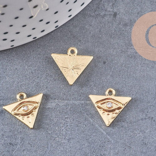 Breloque triangle oeil protecteur zamac doré 18k cristal zircon 9mm,sans nickel, pendentif chance, x1 g6007