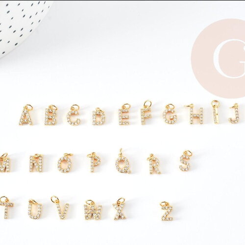 Pendentif doré lettre initiale cristal blanc laiton doré 8.5-9mm, x1 (g3142)
