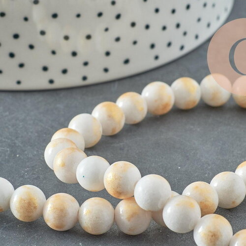 Perles jade blanc et or, perles rondes, jade mashan bleu,pierre naturelle, 8mm, fil de 40cm, x1 (g1800)
