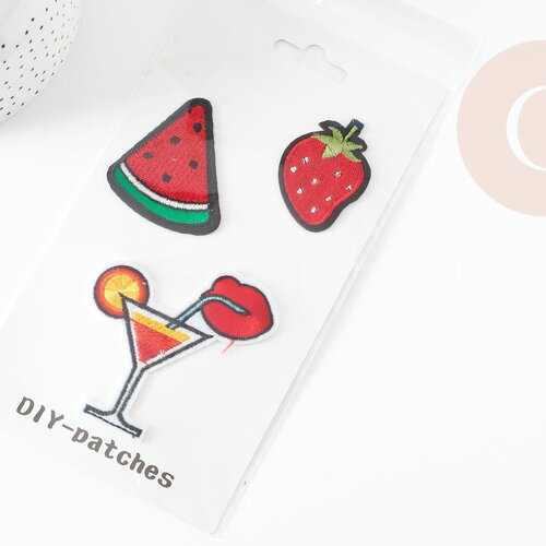 Ecusson à repasser pastèque fraise cocktail,customisation vêtement, écusson thermocollant fruit,patch brodé,57mm,x3 g1820