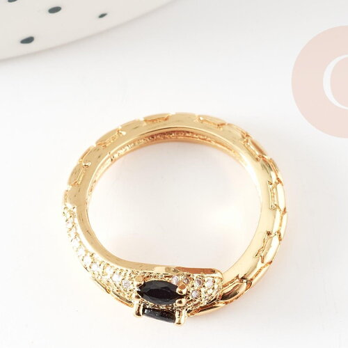 Bague réglable laiton doré serpent zircon noir 17mm, x1 (g4360)