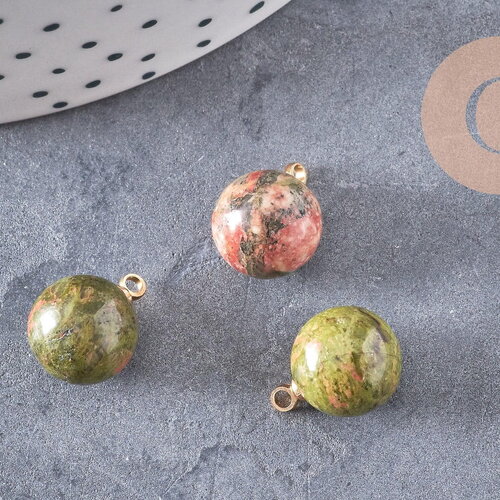 Pendentif goutte rond unakite, support doré, création bijoux pierre naturelle, pendentif pierre naturelle, 14mm, x1, g4560