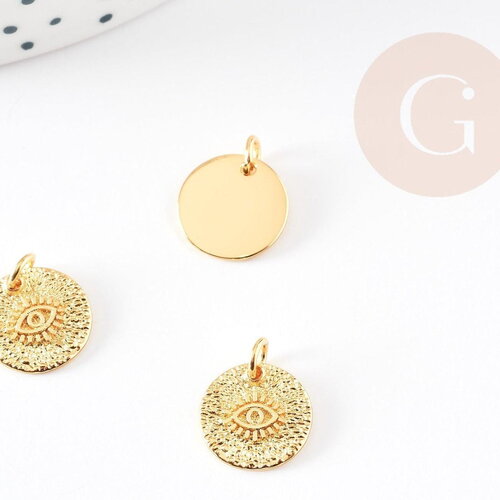 Pendentif médaille ronde oeil laiton doré texturé, un pendentif doré sans nickel pour la création bijoux,médaille or,12mm, x1 g5293