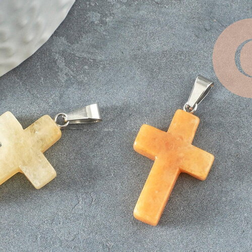 Pendentif croix jade naturel jaune topaze acier inoxydable 29mm,pendentif pierre, support argent, création bijouxjade naturel, x1 g5699