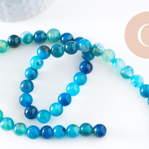 Perle ronde agate rayée bleu turquoise 8mm, x1 fil de 38cm (g3879)
