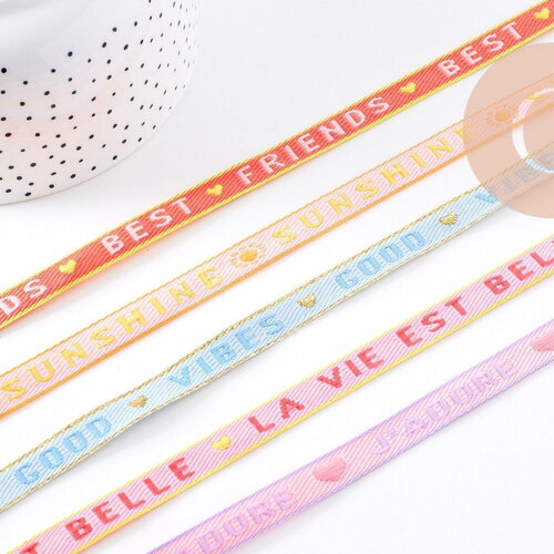 Ruban brodé texte la vie est belle 10mm, x1 mètre (g10270)