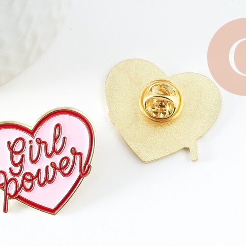Broche pins coeur girl power émaillé rose 31mm, x1 (g9459)