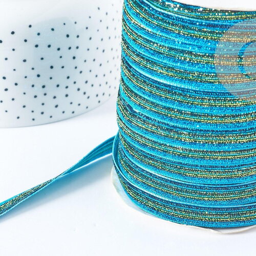 Ruban plat à paillettes polyester nylon bleu 9.5-10mm, fabrication bijoux, x1 mètre g8907
