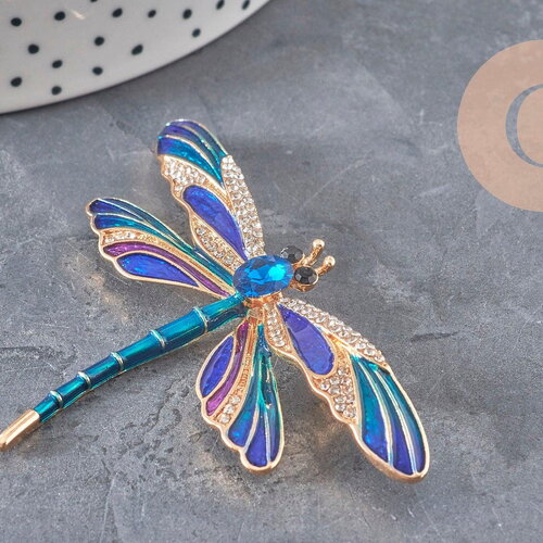 Broche pin's libellule insecte ailé zamac doré bleu 74x50mm, x1 (g11291)