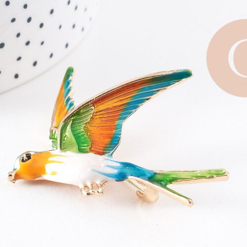 Broche oiseau zamac doré émail 52mm, x1 (g10163)