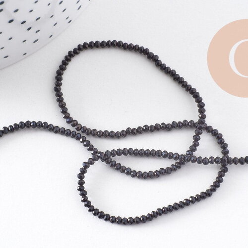 Perle ronde verre facettée irisée gris anthracite 2mm, fourniture création de bijoux diy, le fil de 37cm, x1 (g7492)