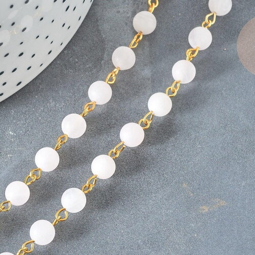 Chaine perle quartz rose ronde laiton doré 6.5mm, x1 mètre (g7357)
