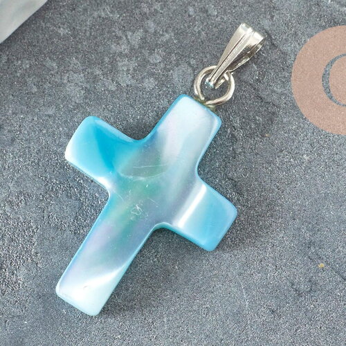 Pendentif croix nacre bleu, fournitures créatives, pendentif pierre, support argenté, pendentif,création bijoux, nacre naturelle, 22mm, x1 g