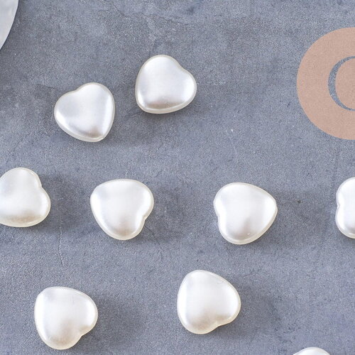 Perle coeur plastique blanc nacré 15mm, x10 (g10404)