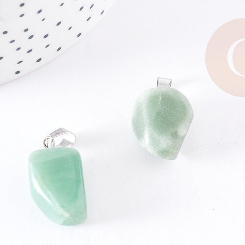 Pendentif aventurine verte naturelle roulé acier inoxydable platine 15-35mm, x1 (g4403)