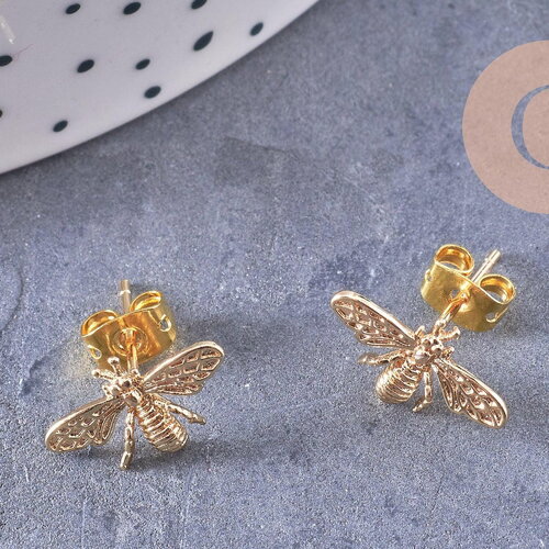 Boucles abeille doré laiton 18k tige argent 925 14mm, la paire (g2500)