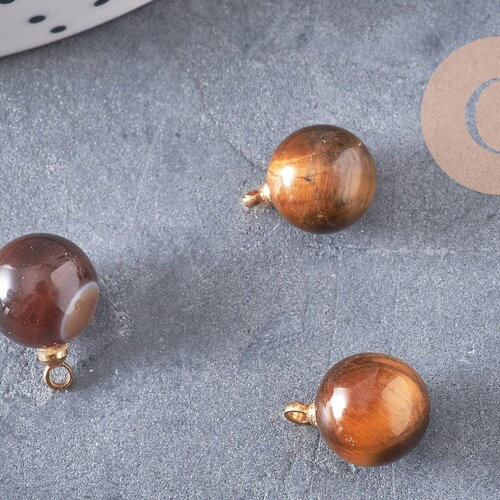 Pendentif goutte rond oeil de tigre naturel, support doré, création bijoux pierre naturelle, pendentif pierre naturelle, 14mm, x1, g4565