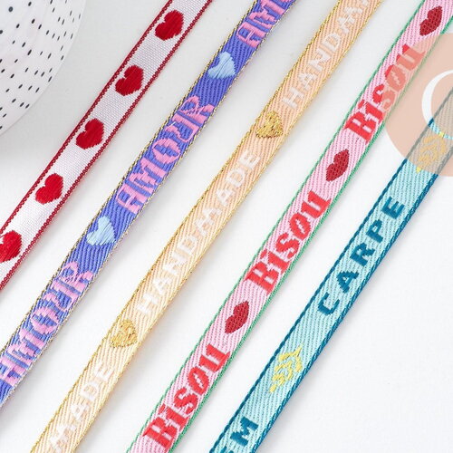 Ruban texte bisous 10mm, un ruban brodé de qualité pour travaux de couture ou création de bijoux, x1 mètre (g10830)