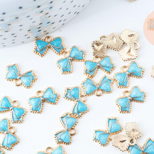 Pendentif noeud doré émail bleu 10mm,pendentif doré pour création de bijoux, x5 (g6098)