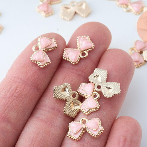 Pendentif noeud doré émail rose 10mm,pendentif doré pour création de bijoux x5 (g6097)