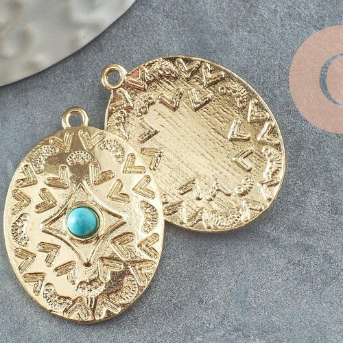 Pendentif ovale zamac doré 16k gravé turquoise de synthèse,sans nickel,creation bijoux inspiration indienne, 31.5mm, x1 (g4526)