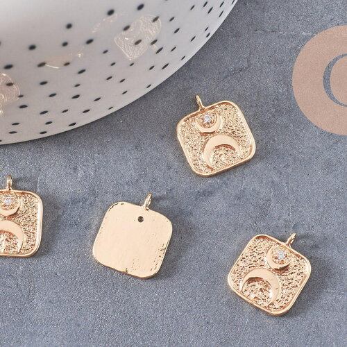 Pendentif carré lune protecteur chance en laiton zircon 18k 19mm, x1 (g10559)