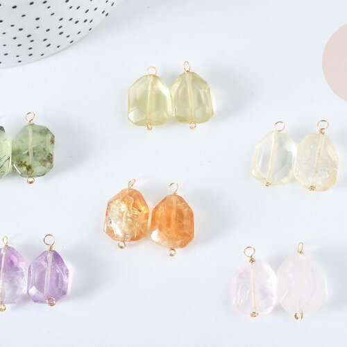 Pendentif pierre géométrique translucide colorée fil de cuivre 25~28mm, pendentid citrine, améthyste, quartz rose, préhnite, x1 g7593