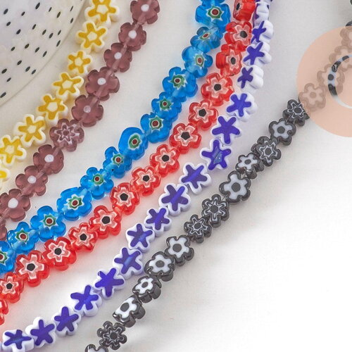Perles fleurs verre millefiori artisanal 6.5-9mm, x1 fil de 40cm (g10493)