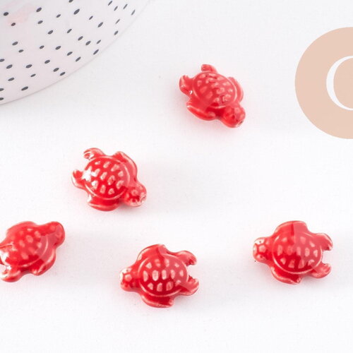Perle tortue porcelaine rouge 12mm, x5 (g3906)