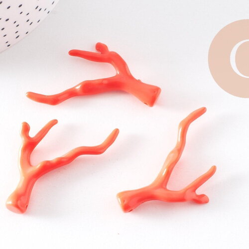 Pendentif branche forme corail plastique orange 46-48mm, x2 (g10491)